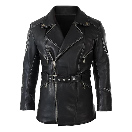 UGFashions Black Leather Trench Coat Men Mid Length Asymmetrical